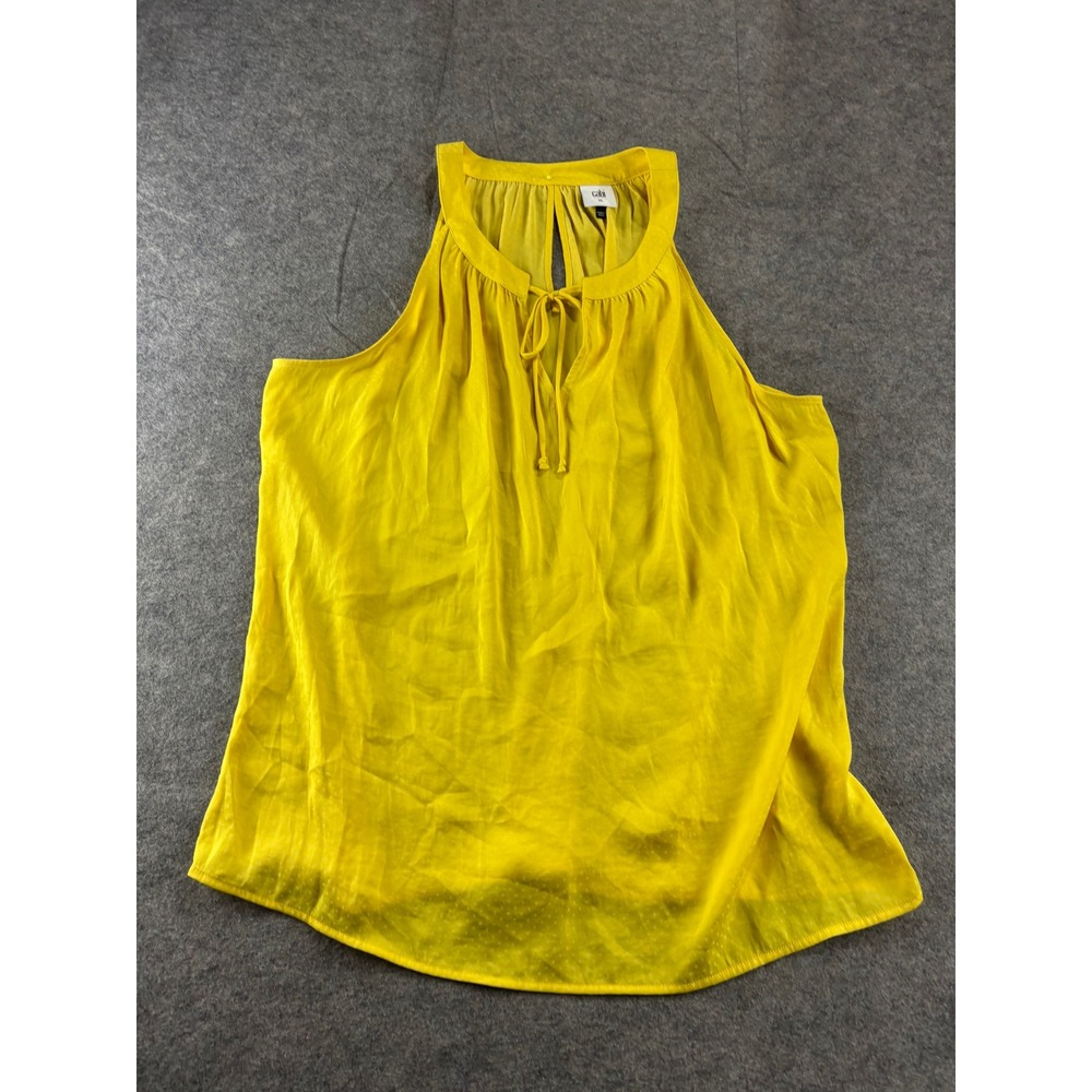 Cabi Yellow Dobby Dot Halter Blouse Sleeveless Tie Neck Keyhole Top XL